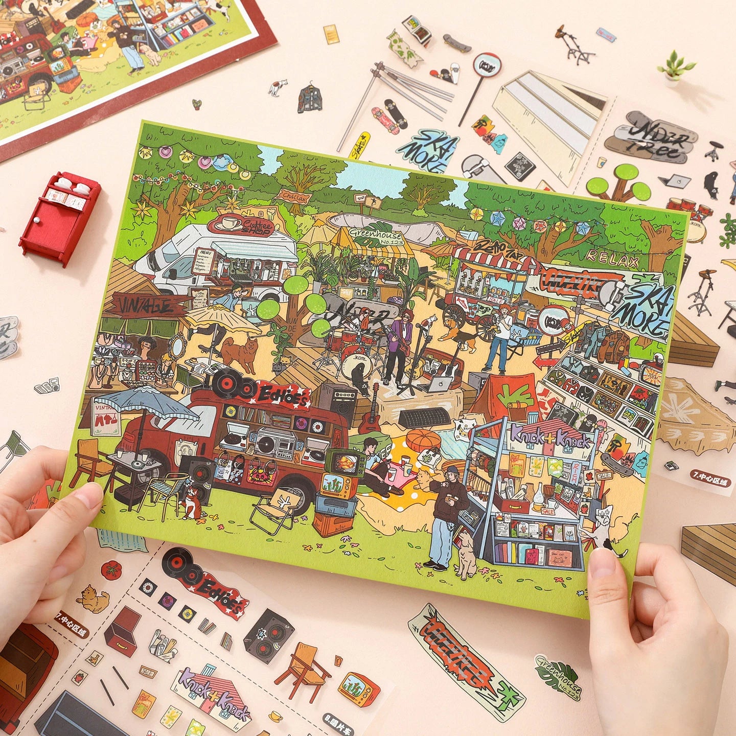 Finished Vintage American Afternoon Park 3D scene sticker kit with coffee van, music stage, and street market details