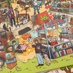 Close-up of the Vintage American Afternoon Park scene with street market, shop, and music details