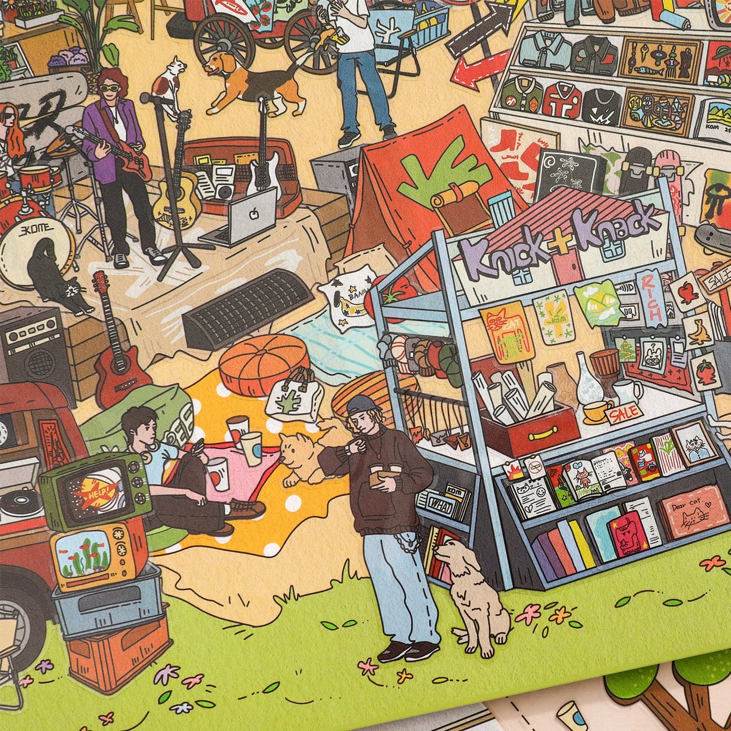 Close-up of the Vintage American Afternoon Park scene with street market, shop, and music details