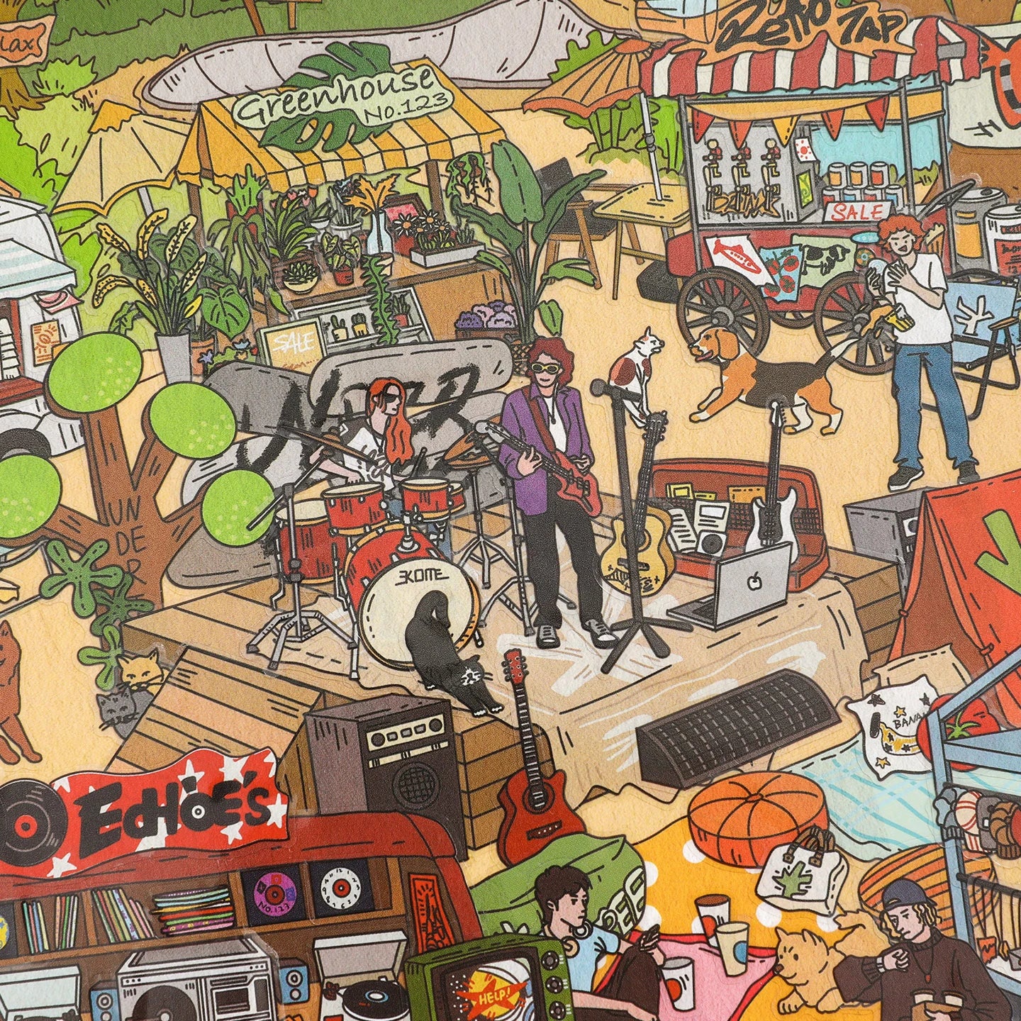 Close-up of the music stage and greenhouse area in the Vintage American Afternoon Park 3D scene sticker kit