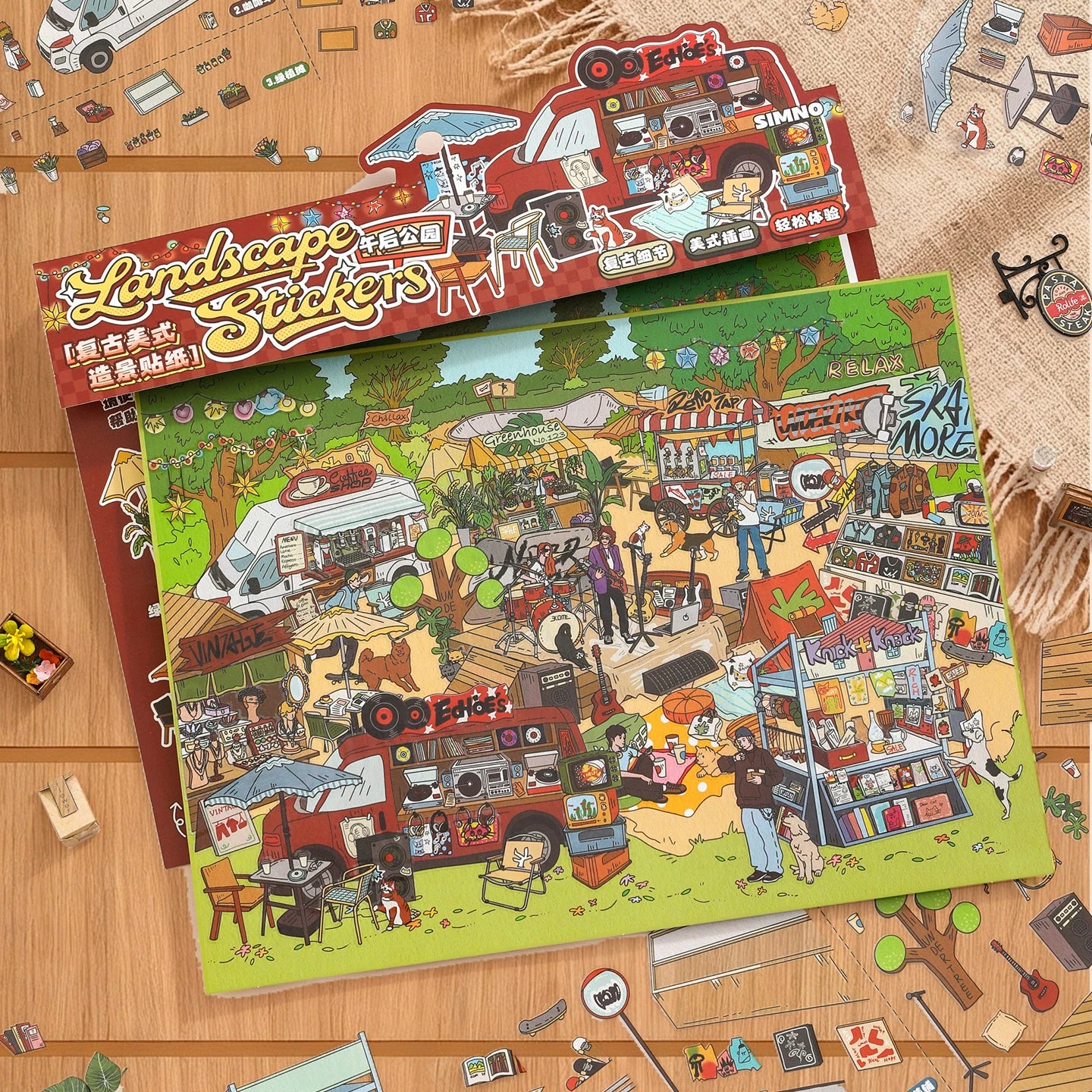 Vintage American Afternoon Park landscape sticker kit packaging with finished park scene display