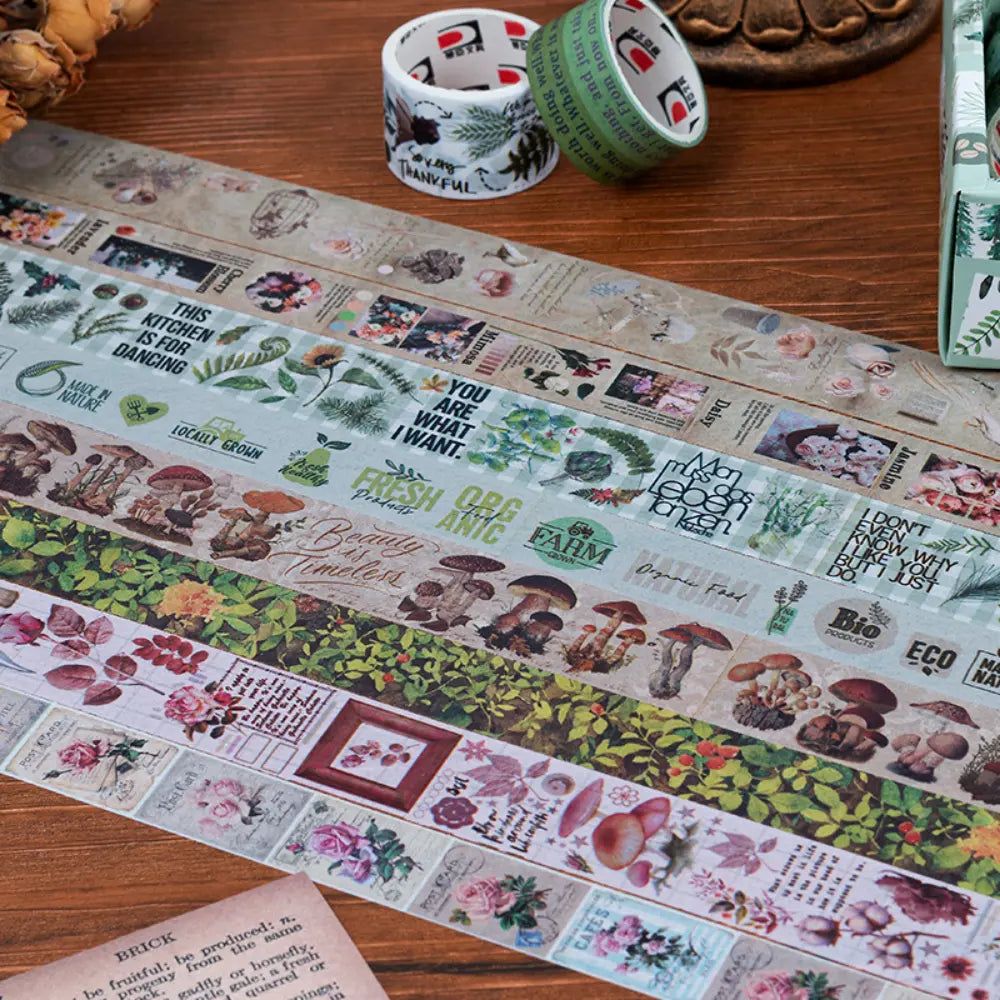 Vintage Botanical washi tape packaging and roll display