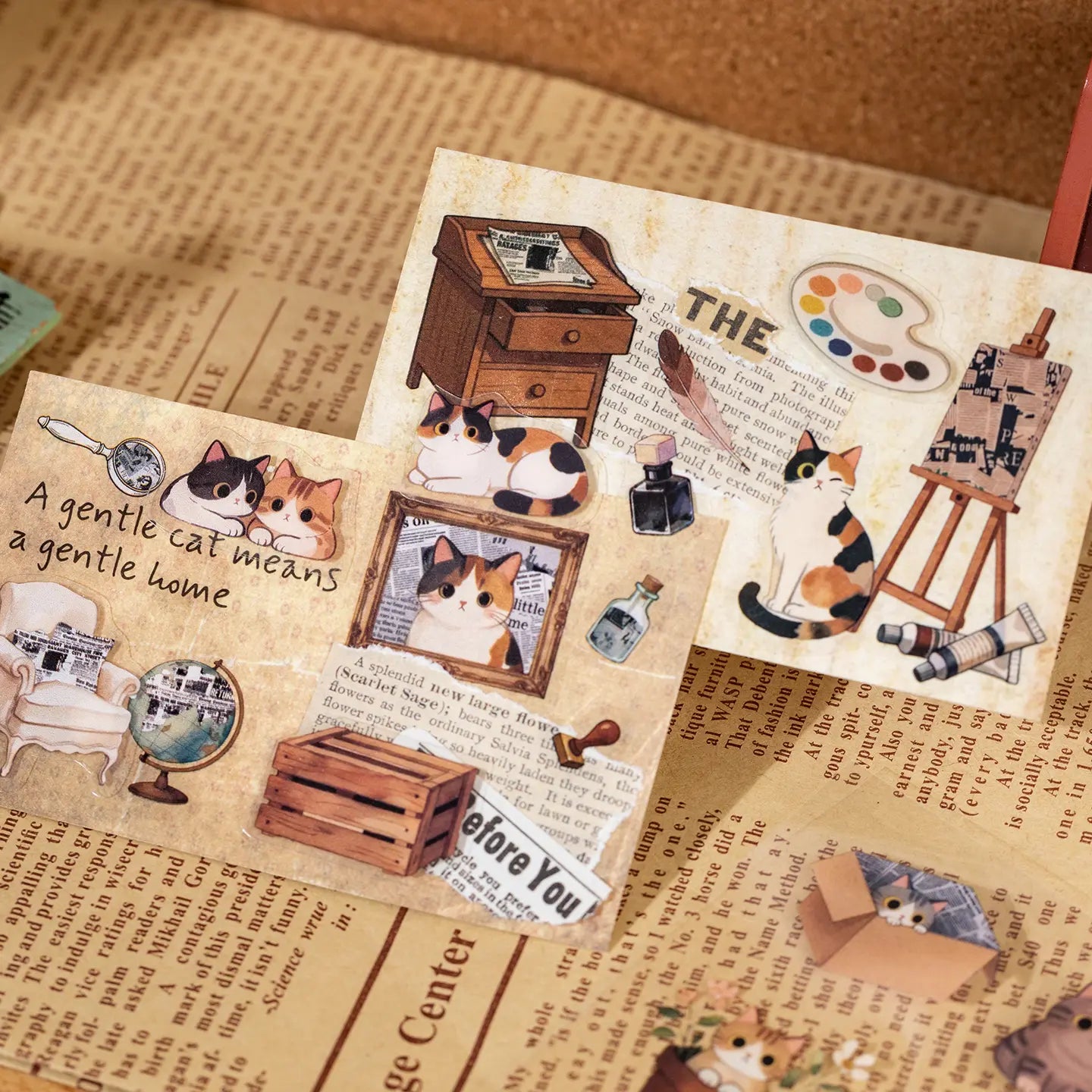 Collage cards decorated with Vintage Elegance cat journaling stickers
