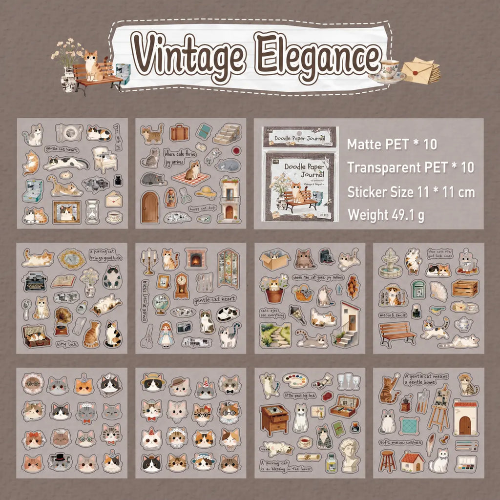 Vintage Elegance cat journaling sticker pack with matte PET and transparent PET sticker sheets