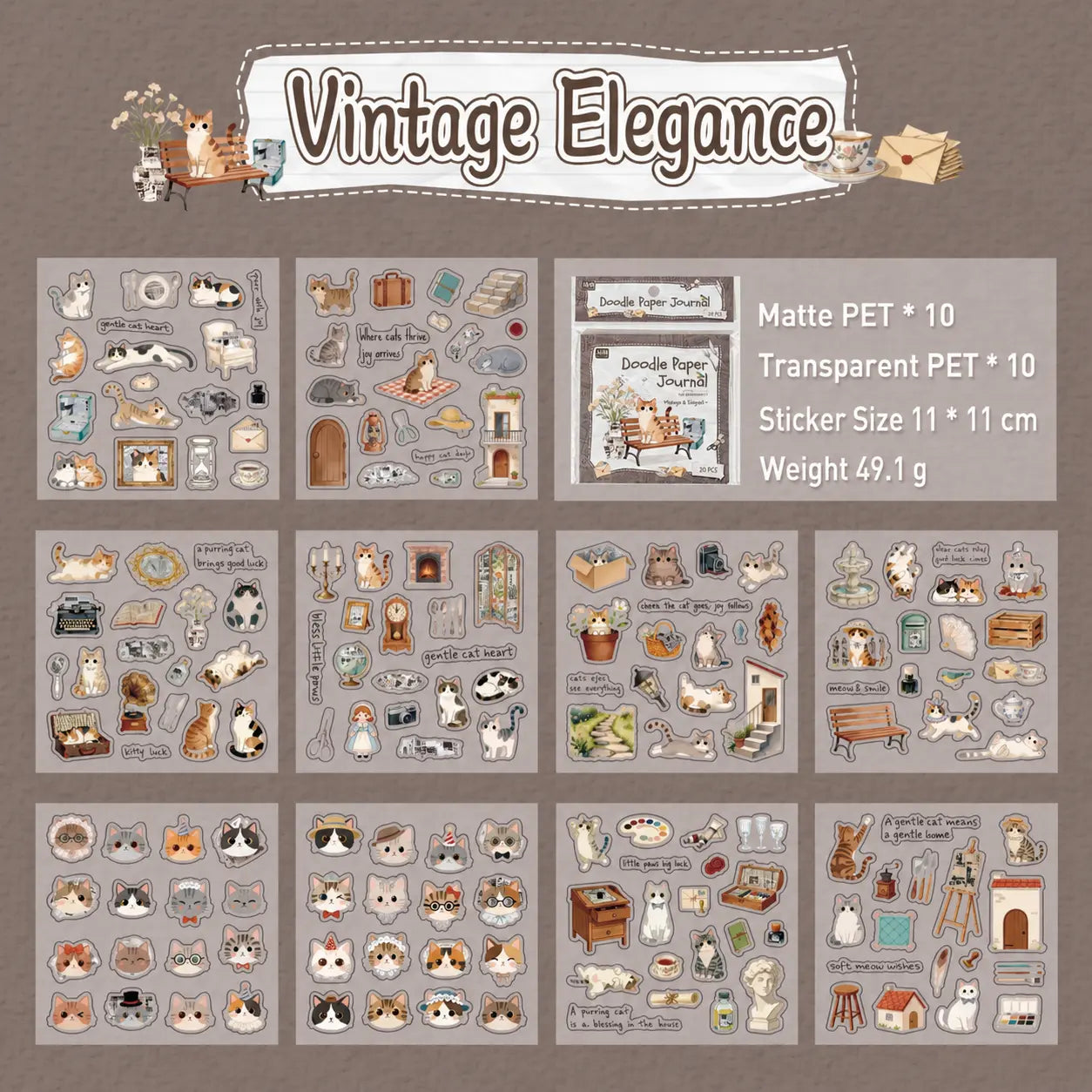 Vintage Elegance cat journaling sticker pack with matte PET and transparent PET sticker sheets