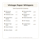 English contents list for the Vintage Paper Whispers Junk Journal Kit with included item names and quantities