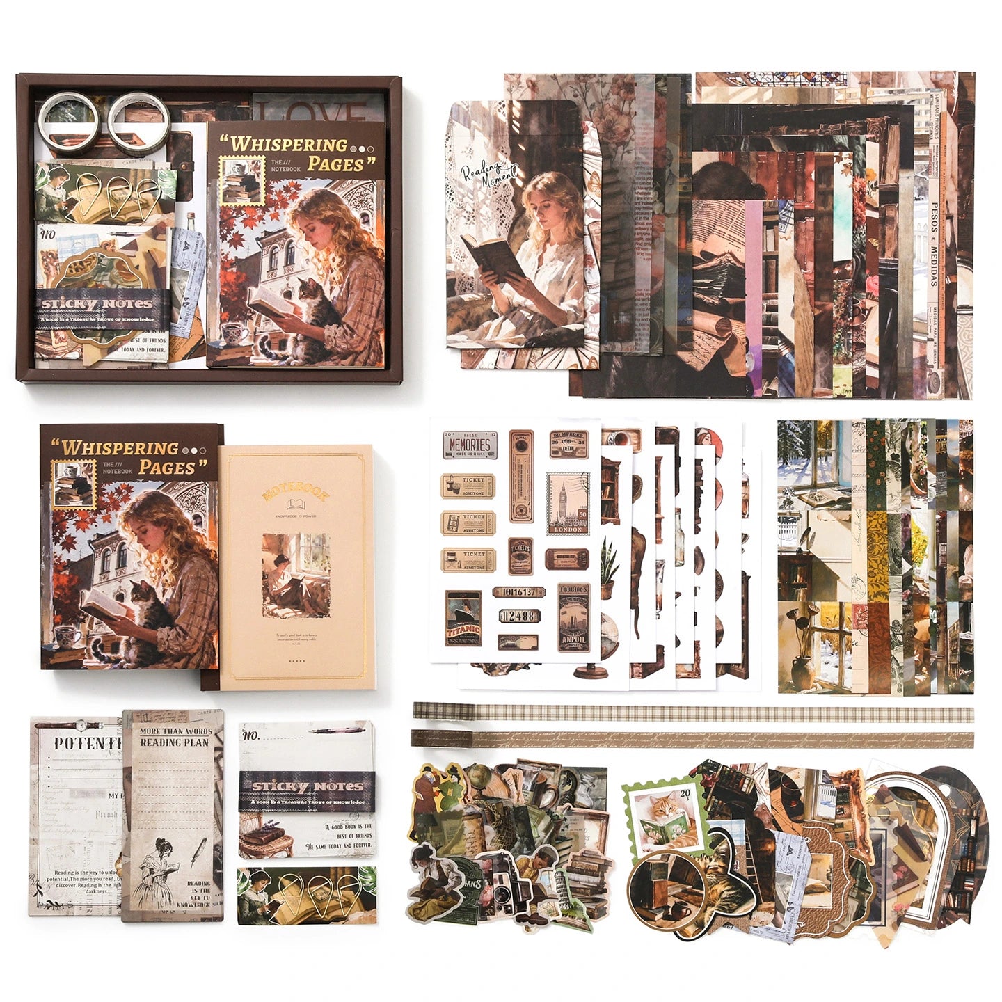 Vintage Paper Whispers Junk Journal Kit full contents flat lay showing coordinated vintage journaling supplies