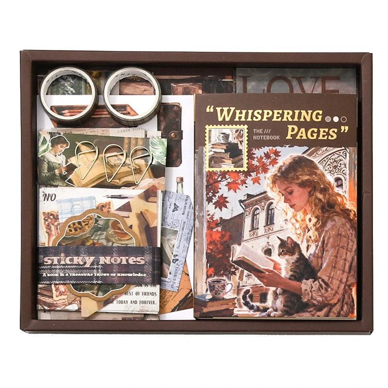 Vintage Paper Whispers Junk Journal Kit packaged kit overview with vintage papers, bookmarks, stickers, and journal supplies