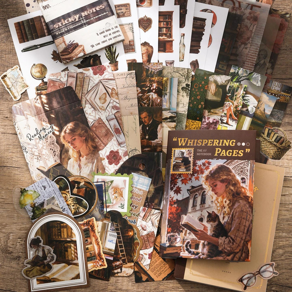 Vintage Paper Whispers Junk Journal Kit paper ephemera flat lay with vintage-style papers, cards, stickers, and collage accents
