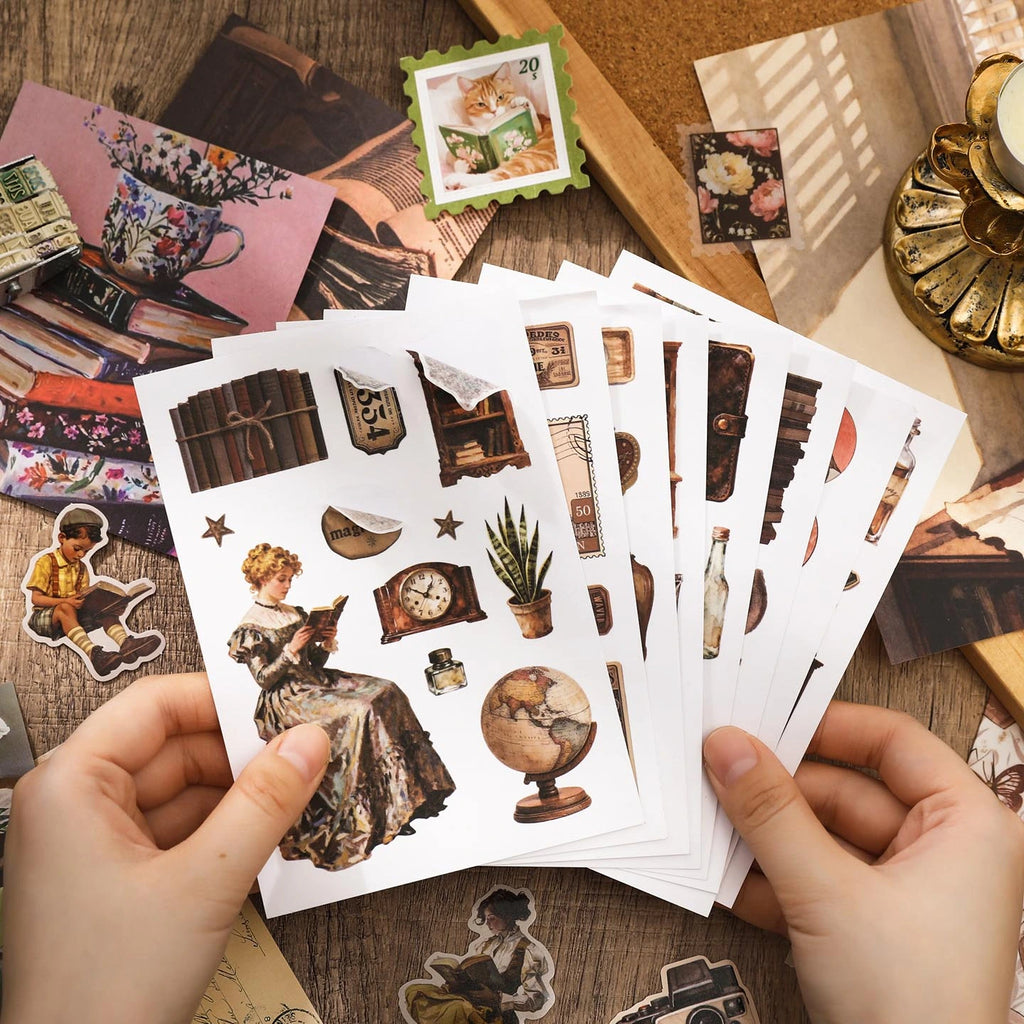 Vintage Paper Whispers Junk Journal Kit sticker sheets with vintage figures, objects, labels, and decorative collage pieces
