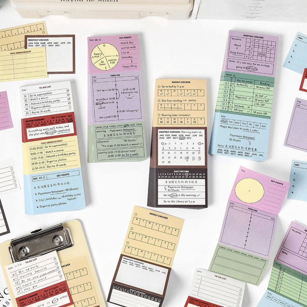 Vintage Planner memo pad set with review, journal, planning, and habit tracker pages for organized notes.