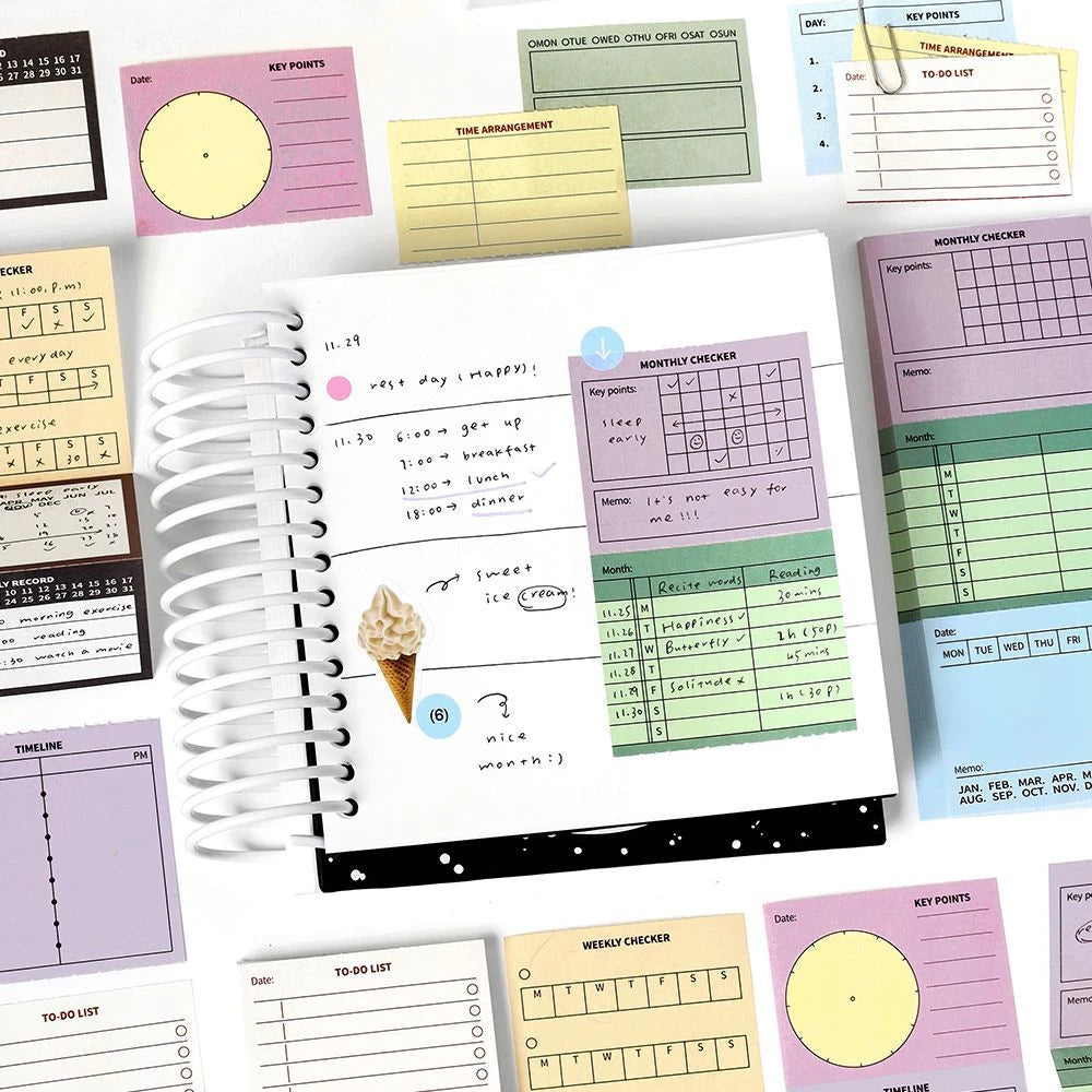 Vintage Planner memo pad page detail with checklist, journal prompt, time planner, and habit tracker formats.