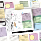 Vintage Planner memo pad page detail with checklist, journal prompt, time planner, and habit tracker formats.