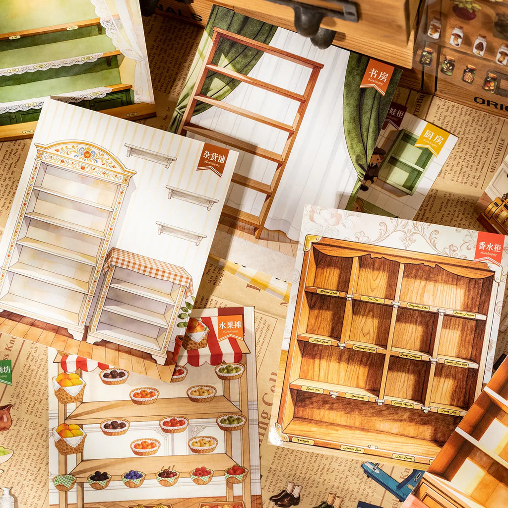 Printed vintage shop scene cards with empty shelves and counters ready for sticker placement