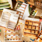 Printed vintage shop scene cards with empty shelves and counters ready for sticker placement