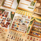 Vintage shop scene cards with completed displays, empty backgrounds, and miniature sticker elements