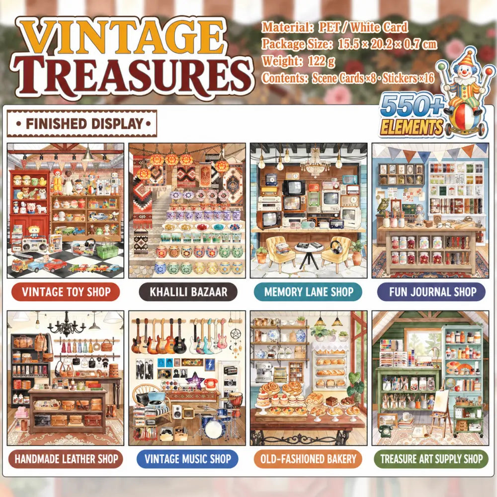 Vintage Treasures Scene Sticker Book with eight finished retro shop scenes and 550 plus elements