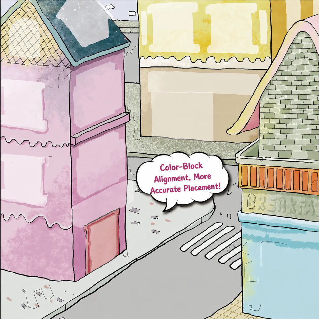 Color-block alignment areas on the town scene card for positioning building and street stickers