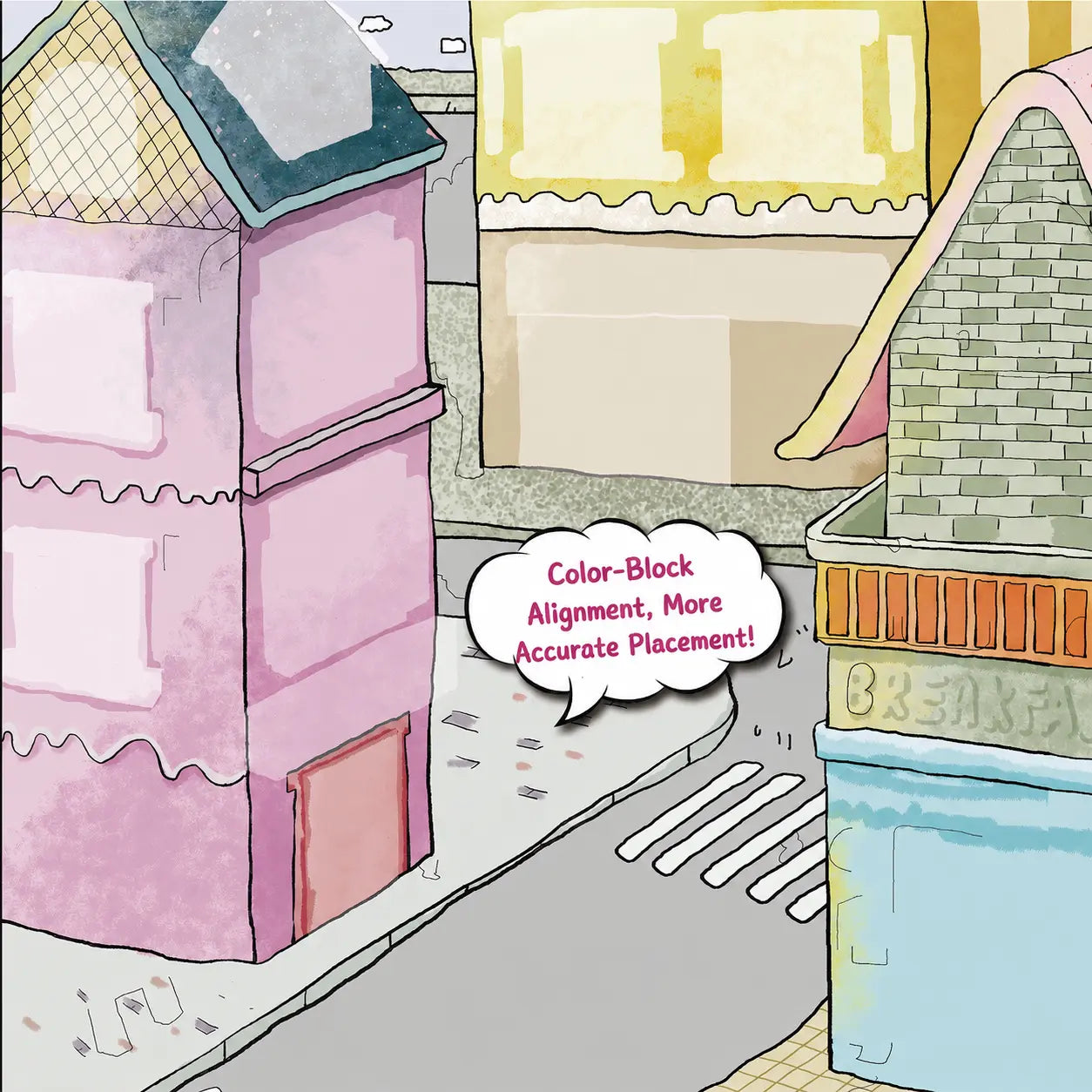 Color-block alignment areas on the town scene card for positioning building and street stickers