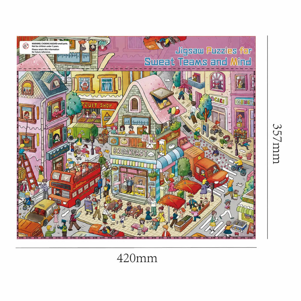 Large Purple Sweet Wander Town scene card measuring 42 by 35.7 centimeters with a busy illustrated street scene