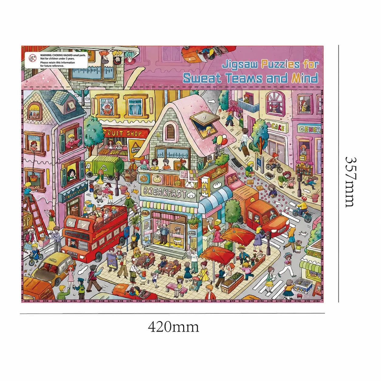 Large Purple Sweet Wander Town scene card measuring 42 by 35.7 centimeters with a busy illustrated street scene