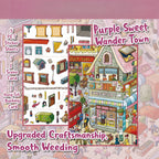 Purple Sweet Wander Town kit contents with five PET sticker sheets, one scene card, and one backing card