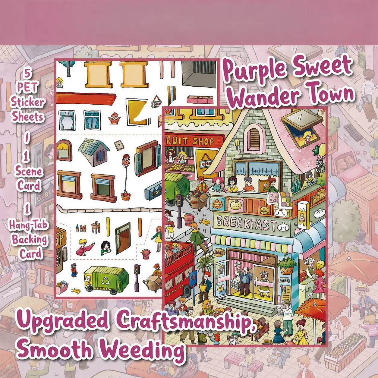 Purple Sweet Wander Town kit contents with five PET sticker sheets, one scene card, and one backing card