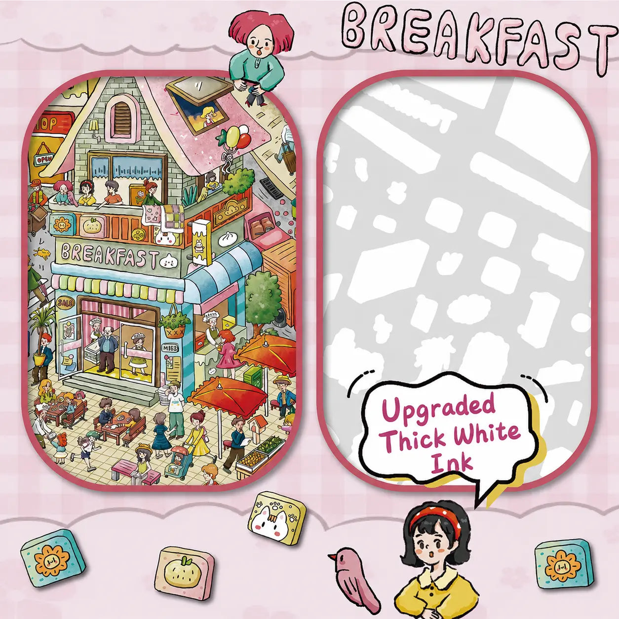 Close-up comparison showing thick white ink behind breakfast shop stickers to reduce background show-through