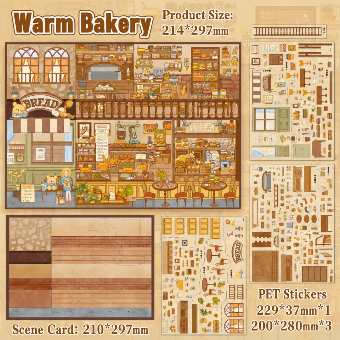 Warm Bakery 3D scene sticker kit with scene card and PET sticker sheets