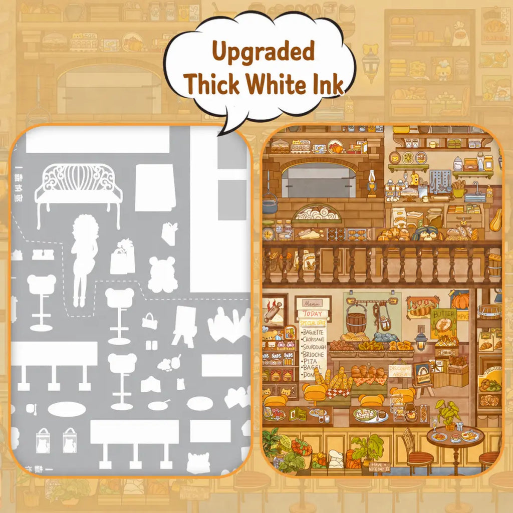 Warm Bakery scene sticker kit detail showing upgraded thick white ink on flat PET stickers