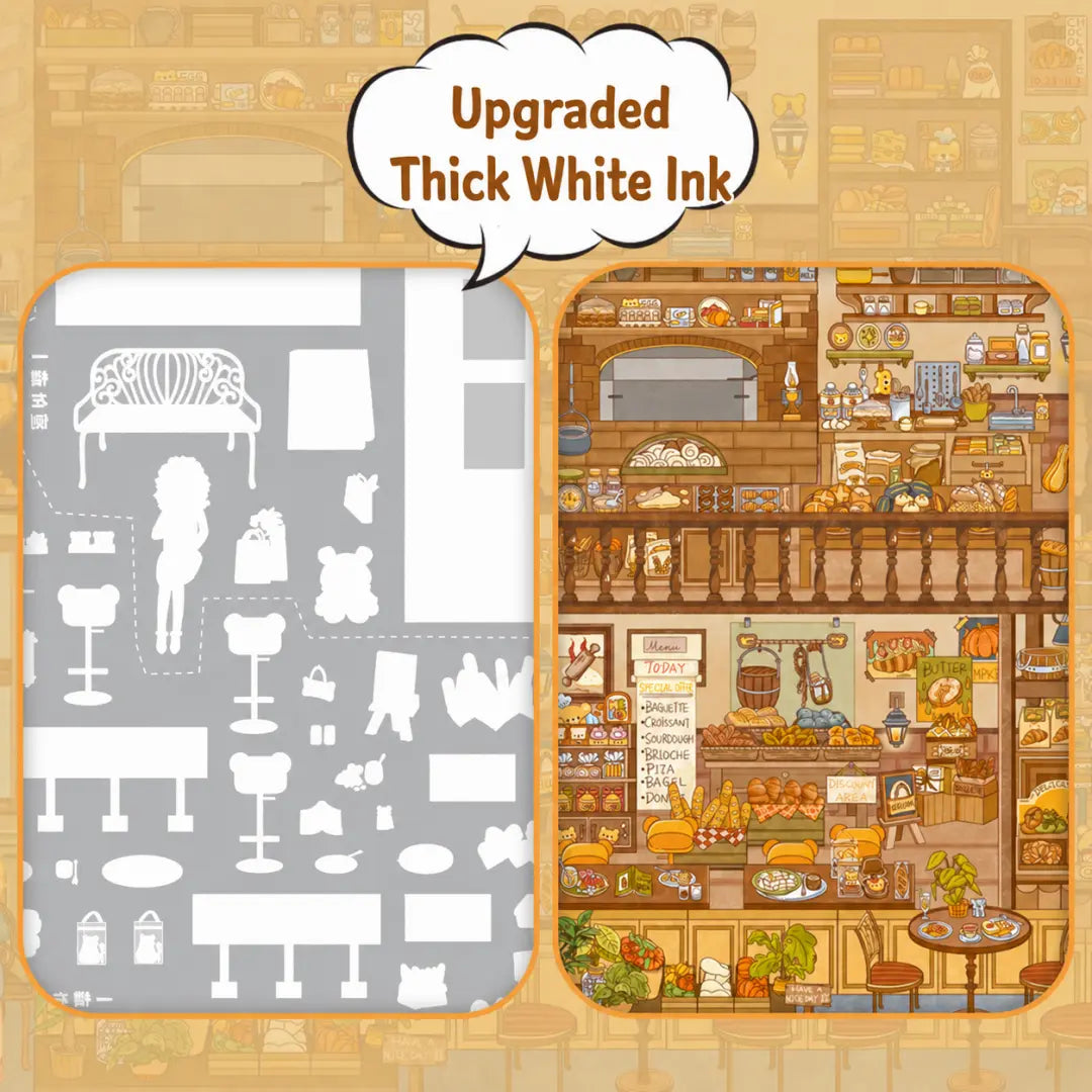 Warm Bakery scene sticker kit detail showing upgraded thick white ink on flat PET stickers