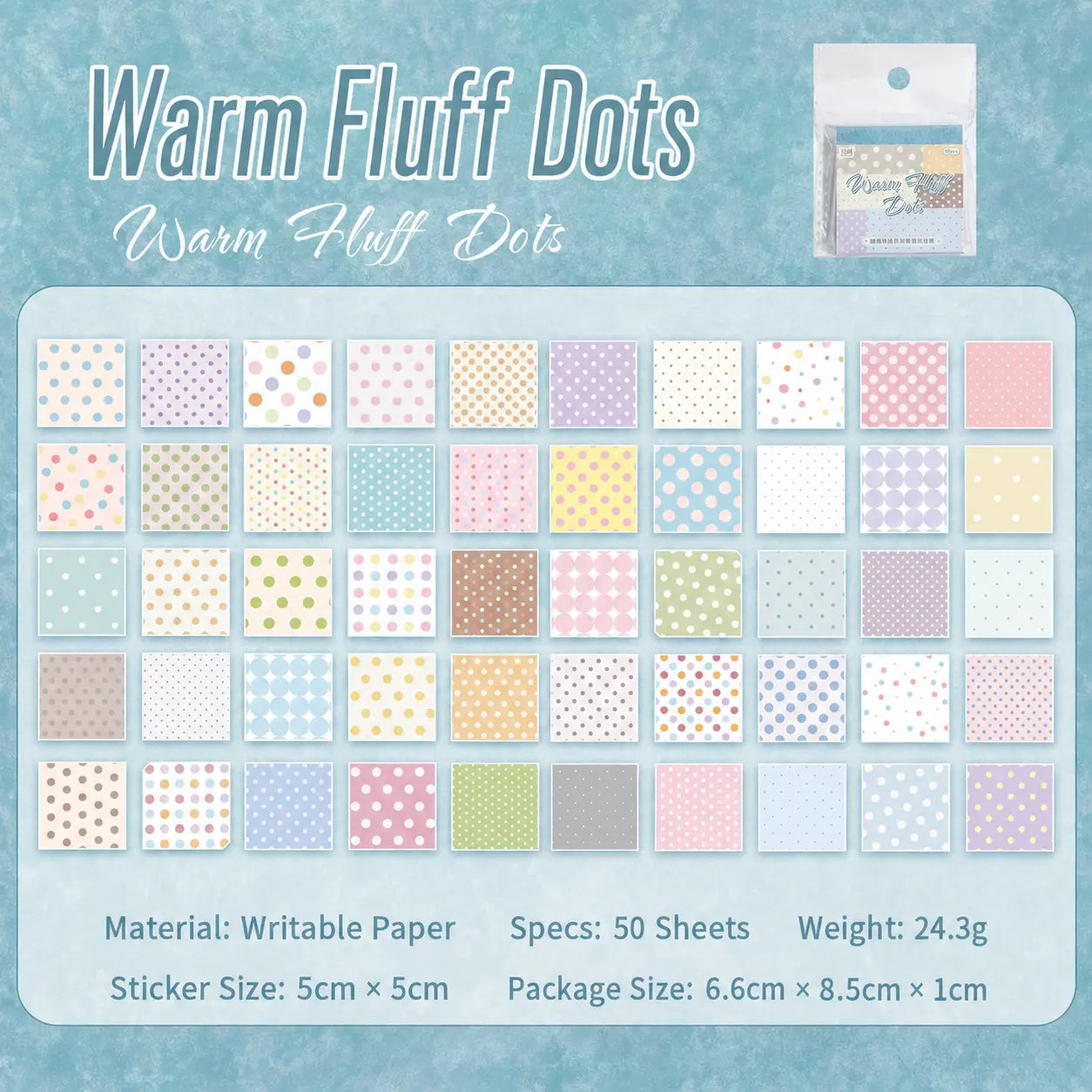 Warm Fluff Dots set with 50 pastel polka-dot paper stickers in varied colors and sizes