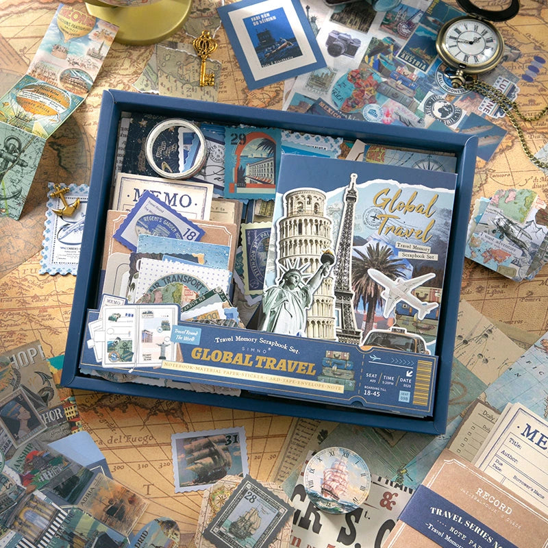 Warm Postal Journey Junk Journal Kit boxed flat lay with map-inspired papers, postcards, stickers, and collage pieces