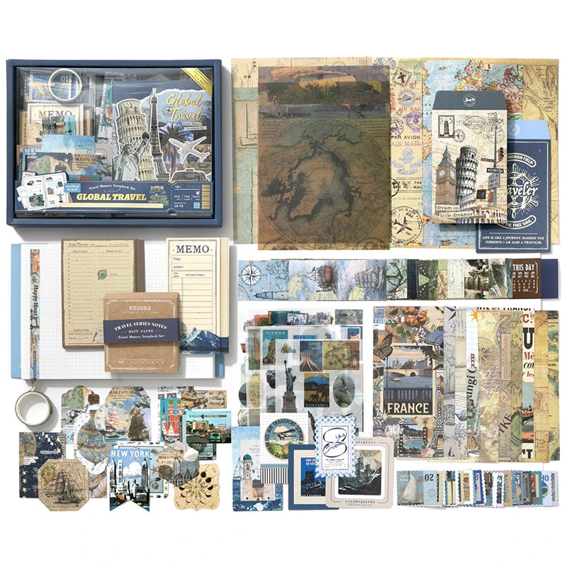 Warm Postal Journey Junk Journal Kit full contents flat lay showing the coordinated travel-themed journaling supplies