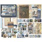 Warm Postal Journey Junk Journal Kit full contents flat lay showing the coordinated travel-themed journaling supplies