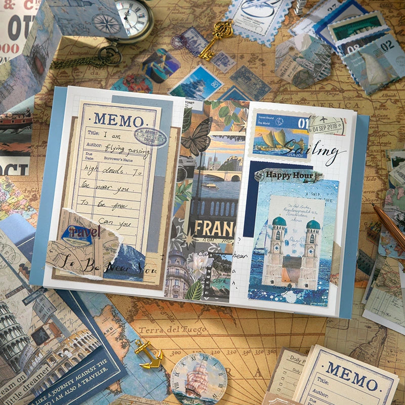 Warm Postal Journey Junk Journal Kit memo cards, postcards, and travel paper pieces arranged for junk journaling