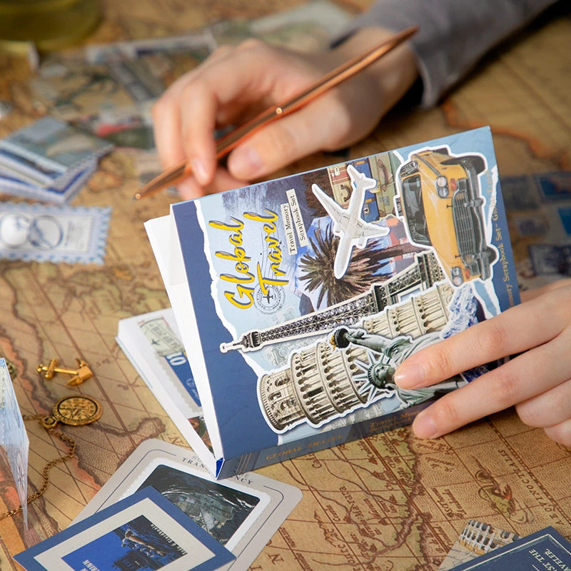 Warm Postal Journey Junk Journal Kit notebook page layout being decorated with travel-themed papers and stickers