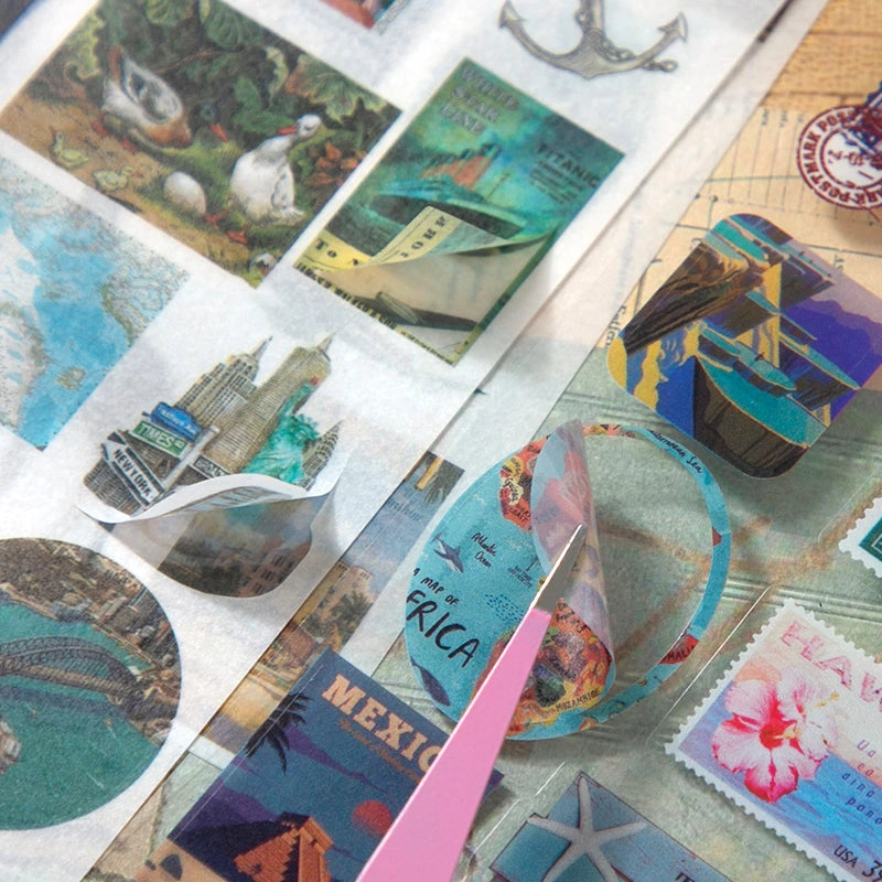 Warm Postal Journey Junk Journal Kit PET sticker sheets with travel and postage-inspired designs