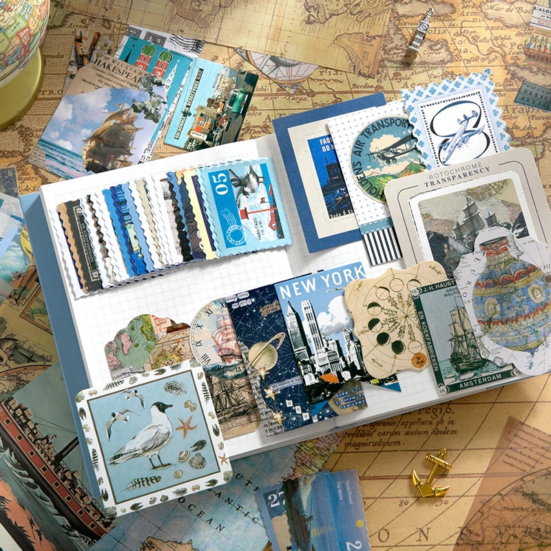 Warm Postal Journey Junk Journal Kit supplies overview with washi tape, cards, papers, stickers, and notebook cover