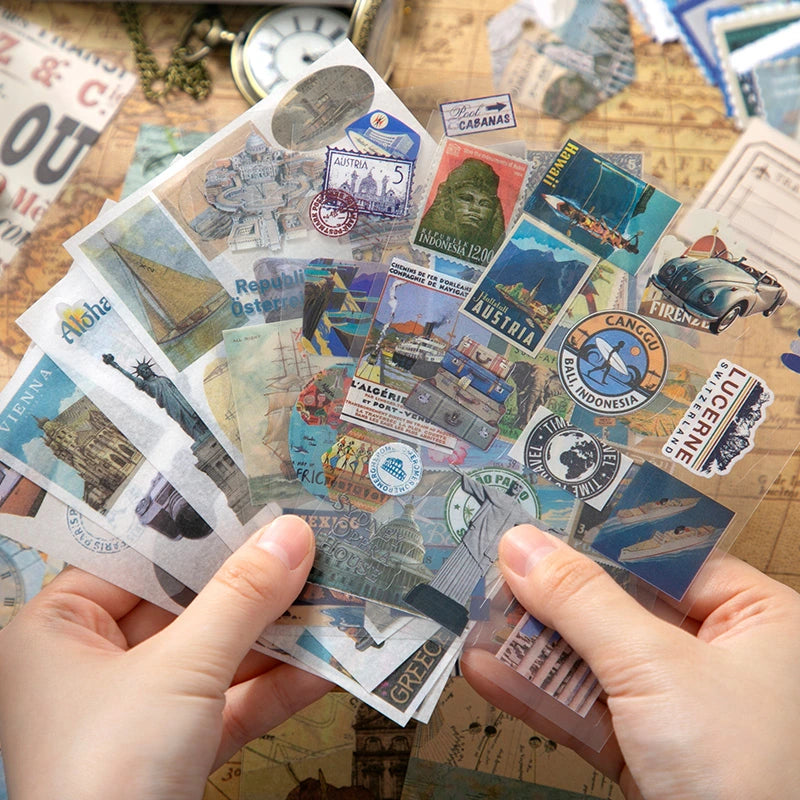 Warm Postal Journey Junk Journal Kit travel sticker sheets with stamps, maps, labels, and collage accents