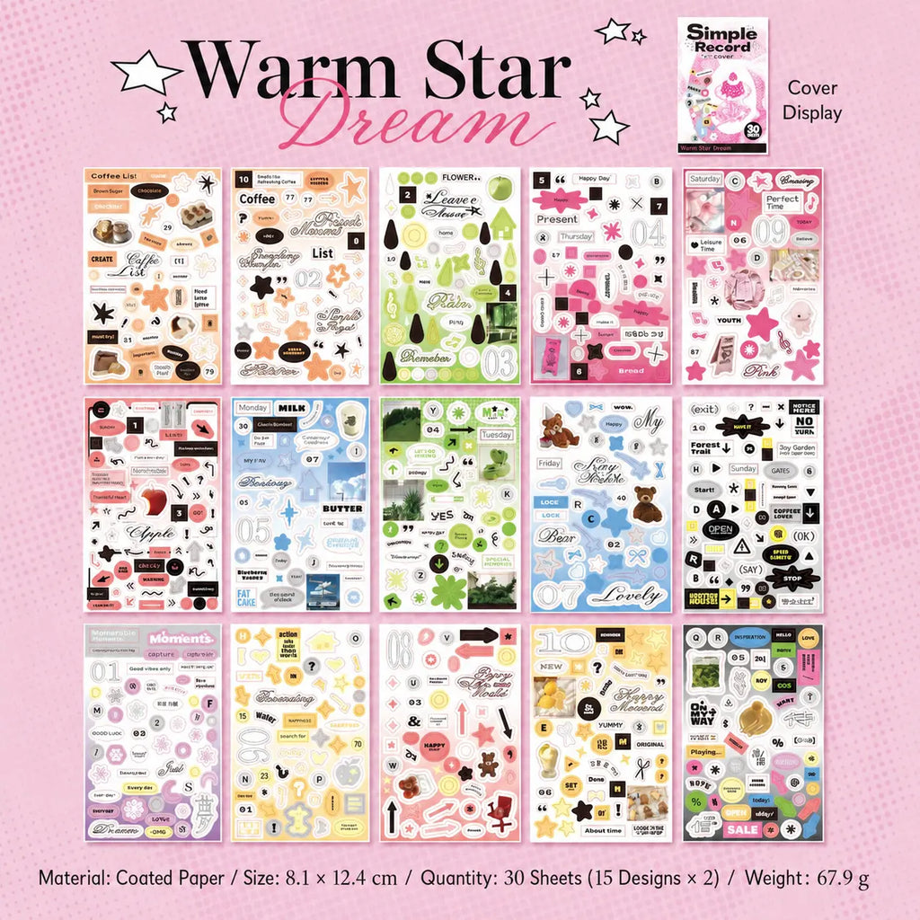 Warm Star Dream journaling sticker sheets with pink, yellow, green, label, star, and icon designs