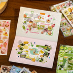 Dessert journaling stickers used in a layered collage with cake, lemon, sushi, stars, lace details, and a white dog cutout