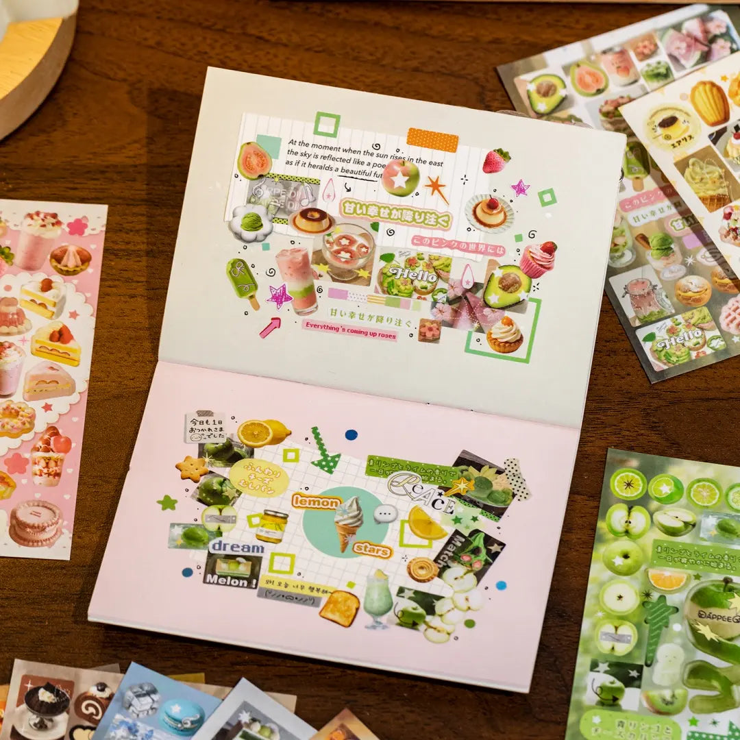 Dessert journaling stickers used in a layered collage with cake, lemon, sushi, stars, lace details, and a white dog cutout