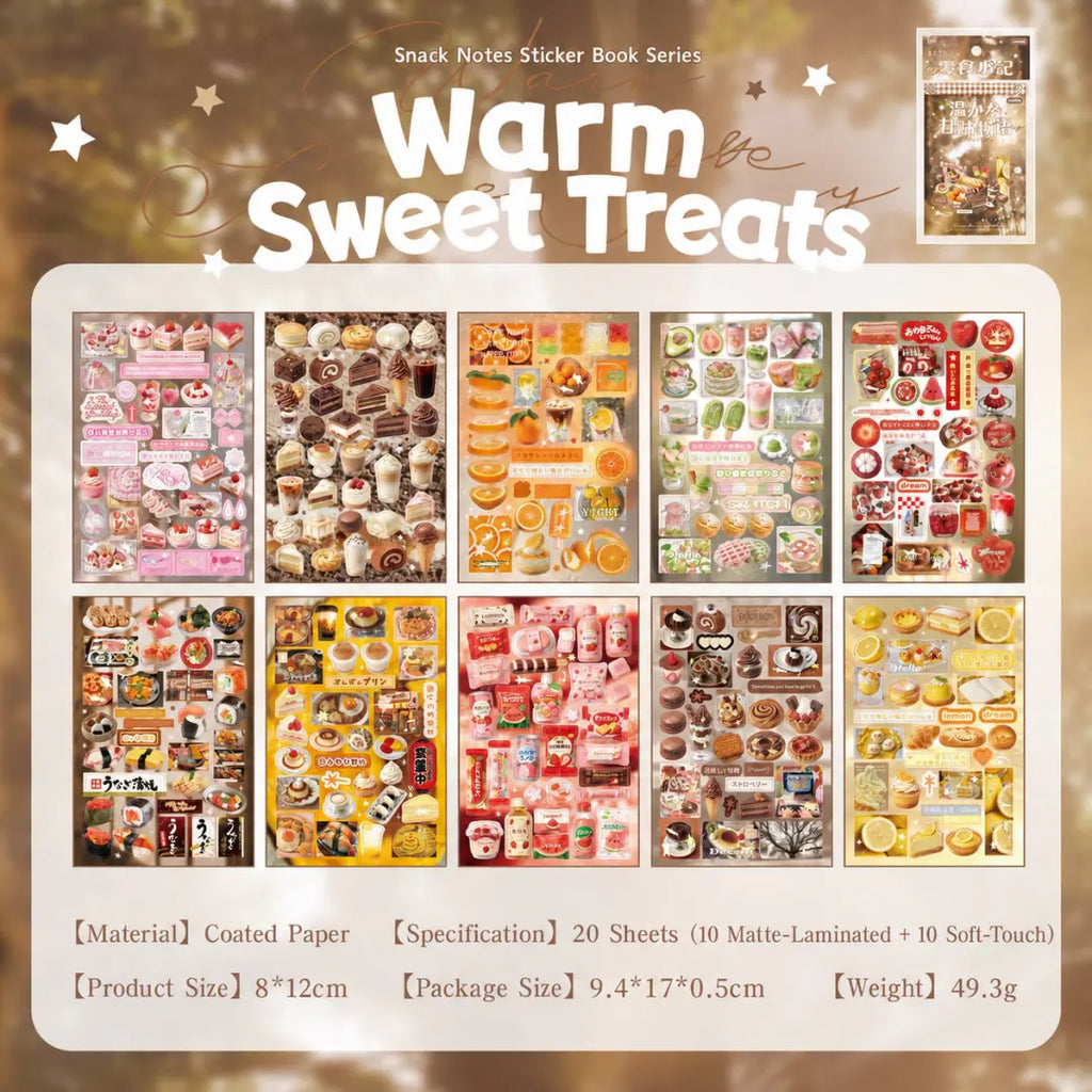 Warm Sweet Treats sticker book overview showing 20 dessert-themed journaling sticker sheets with cakes, chocolate, pastries, fruit, and Japanese-style sweets