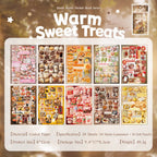 Warm Sweet Treats sticker book overview showing 20 dessert-themed journaling sticker sheets with cakes, chocolate, pastries, fruit, and Japanese-style sweets
