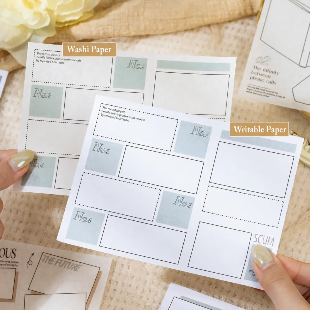 Close-up of washi paper and writable paper journaling sticker sheets from the border sticker set