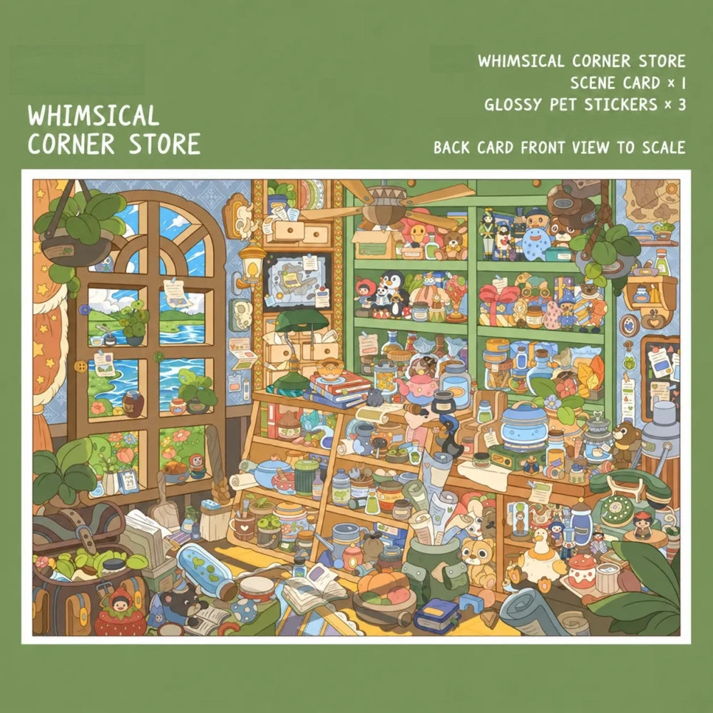 Whimsical Corner Store scene sticker kit with cozy shop scene card and glossy PET stickers
