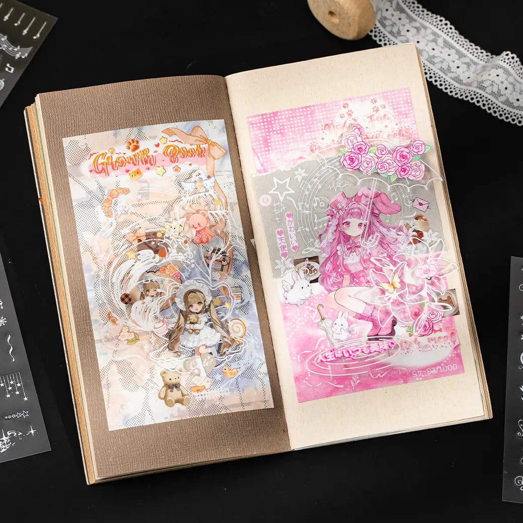 Journal pages decorated with white accent stickers layered over colorful collage designs