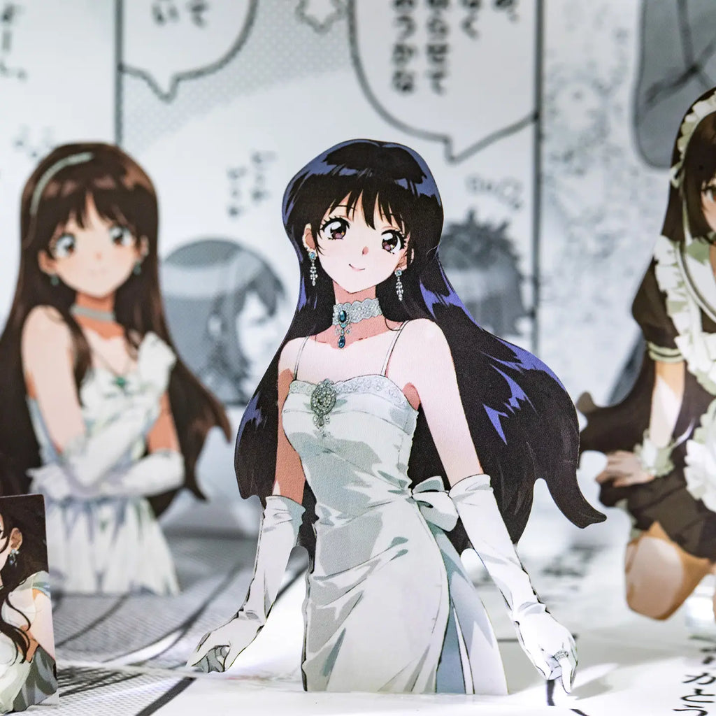 Large illustrated character sticker in a white dress with monochrome portrait stickers in the background