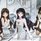 Large illustrated character sticker in a white dress with monochrome portrait stickers in the background